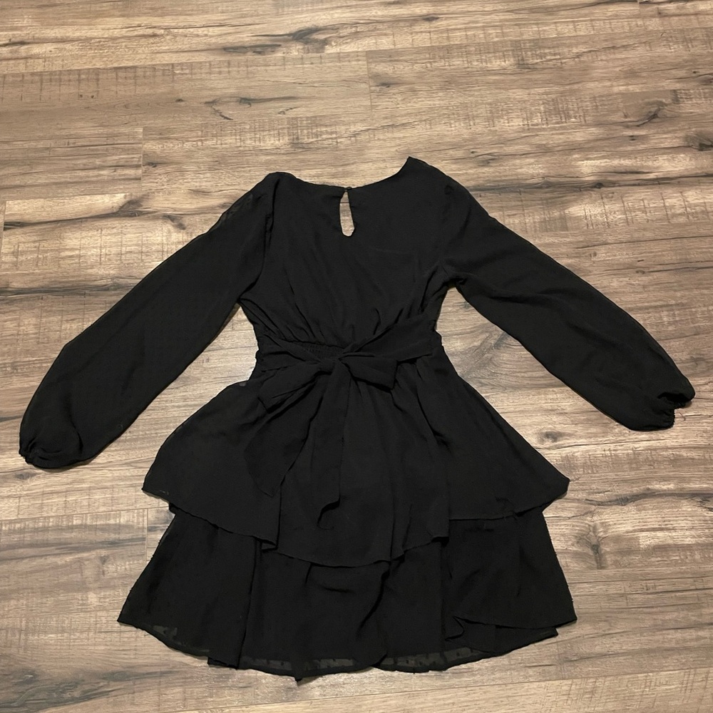 Japna Black Swiss Dot Dress M Long Sleeve Tie Waist Tiered Ruffle Skater